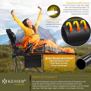 Кесер® Складний стул-ліжко для кемпінгу 2в1 | Стіл для риболовлі, 160 кг, з підсвіткою та тримачем для напоїв | Чорний