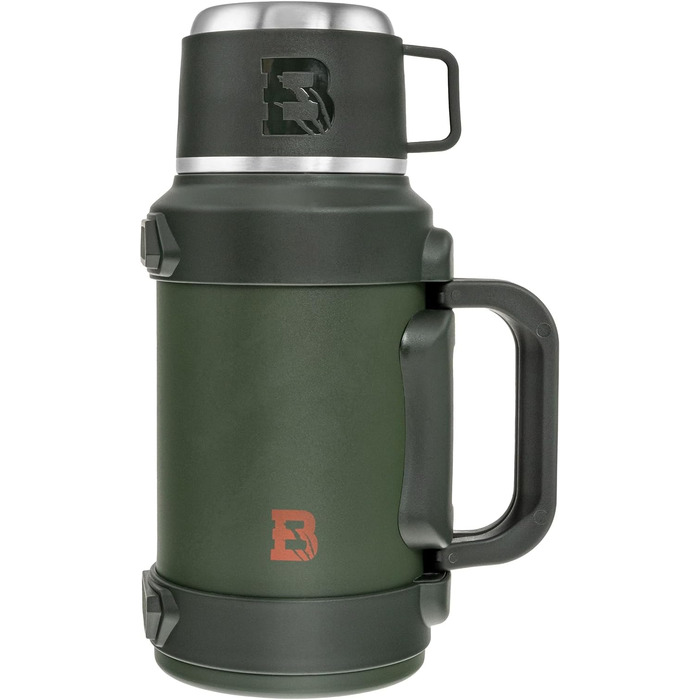 Термос Badger Outdoor Big Boy 1,3 л з нержавіючої сталі, із чайним ситечком, вакуумною ізоляцією, зберігає тепло до 24 годин, з ремінцем для перенесення, оливковий зелений