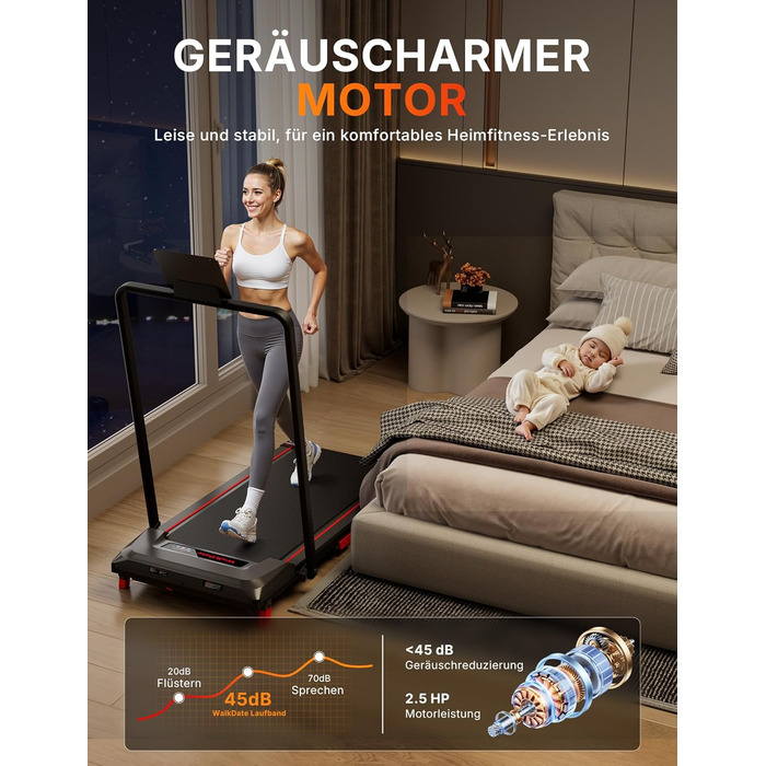 Біговий доріжки з нахилом 5%, компактний під стіл для дому та офісу, портативна бігова машина з LED дисплеєм, пульт дистанційного керування, вантажопідйомність 150 кг, 2.5HP тихий двигун (Чорний/Червоний)
