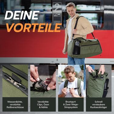 Спортивна сумка [з переробленого PET] 50L – Gym Bag та рюкзак в одному – водонепроникна сумка для тренувань чоловіча/жіноча – спортивний рюкзак з відділенням для взуття, фітнес, велика дорожня сумка (Pinewood Green)