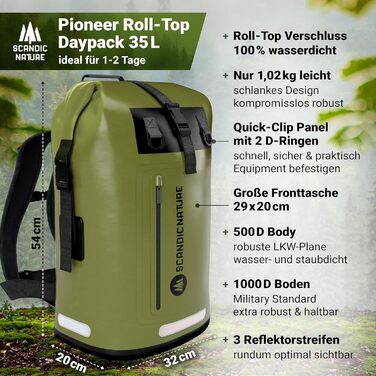 Водонепроникний рюкзак Scandic Nature Pioneer з ролтоп закриттям 35L/55L, чорний, жовтий, оливково-зелений - надміцний завдяки дну з 1000D PVC тканини, водонепроникний чохол для телефону IPX8, 35 літрів