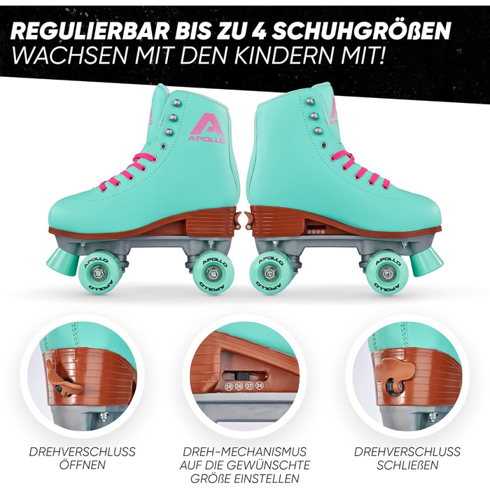 Дитячі та дорослі ролики Apollo Disco Roller - регульовані Quad-ролики, розміри 31-42, Lagoon