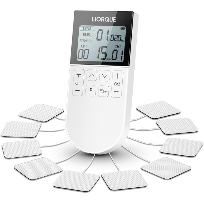 Пристрій TENS EMS Liorque для терапії болю: 3-в-1, 50 режимів, 10 електродів, стимуляція м'язів для рук, ніг, спини, плечей (білий)