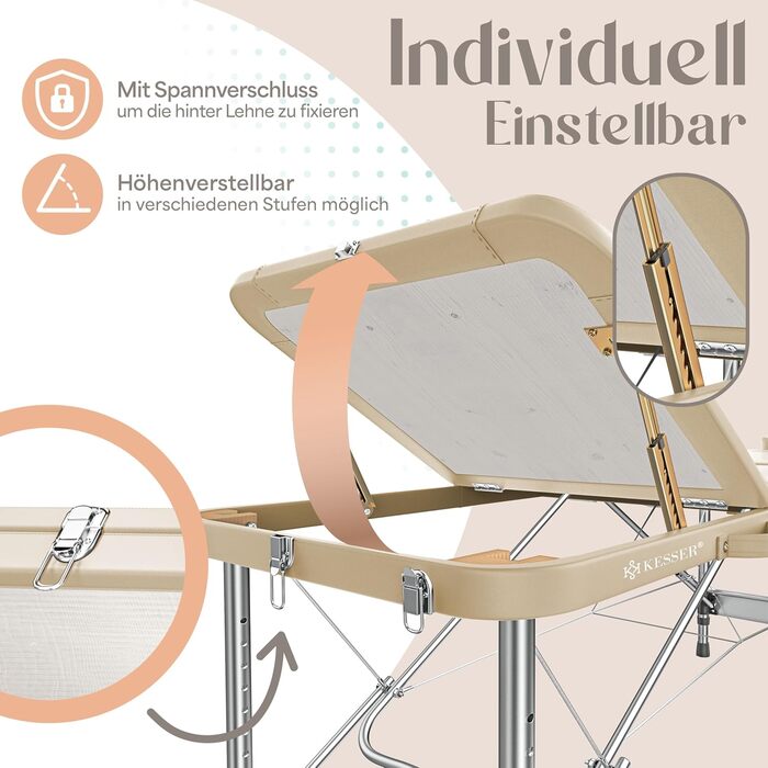 Масажне ліжко KESSER® з 3 зонами, до 250 кг, складне, регульоване, з аксесуарами (підголовник, підлокітники, сумка), антиковзне покриття, бежеве