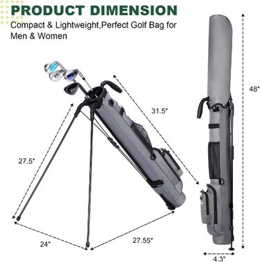 Гольф сумка MAZEL з роздільником на 2 сторони, 2 кишені, регульовані плечові ремені, високоякісний 900D нейлон, легкий матеріал, сіра гольф сумка-олівець для чоловіків та жінок