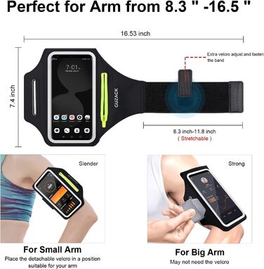 Спортивний браслет на руку для бігу з відділенням для телефону та ключей, чорний. Сумісний з iPhone 17/16/15/14/13/12/11 Pro Max/Plus та іншими смартфонами до 6.9 дюймів