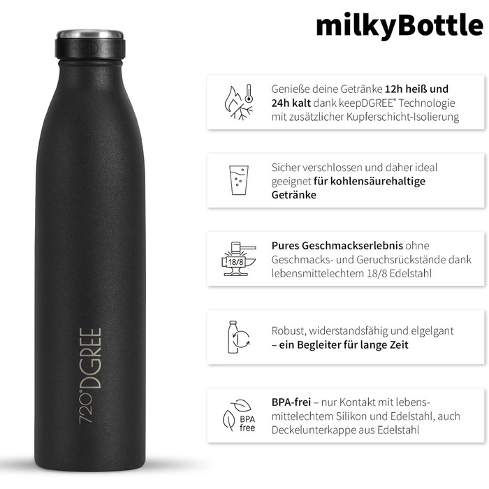 Термос 720°DGREE milkyBottle 1 л, нержавіюча сталь, BPA-free, для газованої води, спортивна пляшка, університет, школа, фітнес, кемпінг, матова чорна