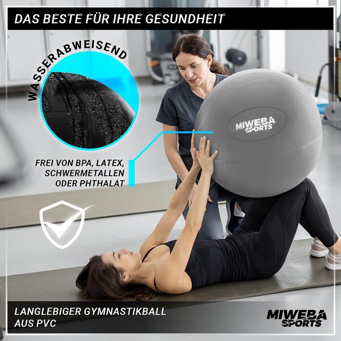 Гімнастичний м'яч Miweba Sports GB-100, 65 см, до 400 кг, сірої, з ПВХ — фітнесбол, ергономічний м'яч-стілець для офісу та тренувань