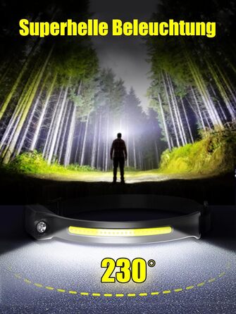 UNBON LED налобний ліхтар з акумулятором, перезаряджається через USB-C, надзвичайно яскравий, 5 режимів освітлення, датчик руху, водонепроникність IPX4, легкий, для піших прогулянок, бігу, риболовлі, 1 шт.