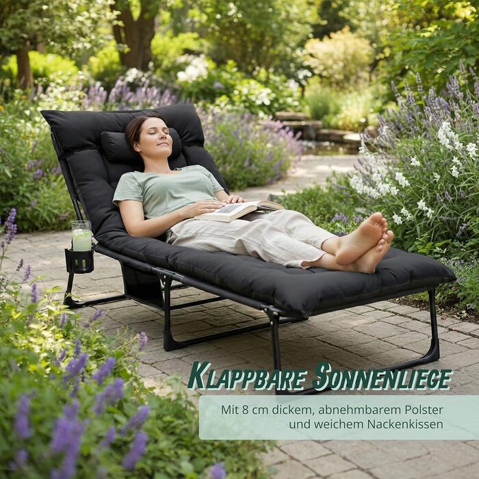 Розкладне ліжко Relaxdays для кемпінгу з матрацом та подушкою, до 250 кг, чорне (26x190x72 см)