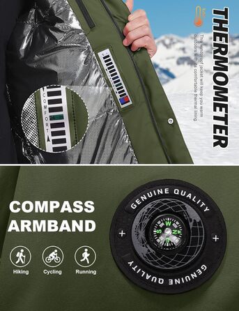 Зимова куртка для чоловіків, водонепроникна, тепла, з капюшоном та компасом (M) - Military Green