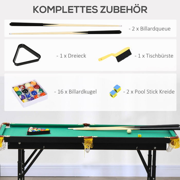 SPORTNOW Більярдний стіл розкладний 4,6 футів 140 x 60 x 55-75 см Стіл для більярду з аксесуарами 2 кия 16 куль для підлітків дорослих Зелений
