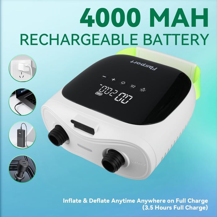 Електрична повітряна помпа з акумулятором 20 PSI, 12V DC, LCD дисплеєм для надувних виробів: SUP, каяк, матрац, намет (зелена)