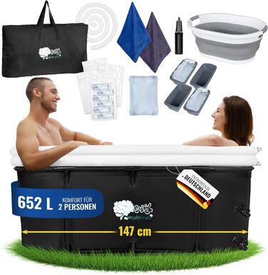 Зручна складана ванна для дорослих 147x74x60 см – комплект з аксесуарами для теплої та холодної ванни, портативна, для дому та відпочинку на природі, чорно-біла, MelodieGesund