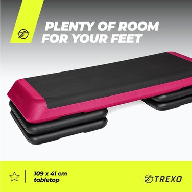 Аеробний степпер TREXO для кардіо та фітнесу, регульована висота 10/15/20 см, домашній тренажер до 250 кг, 109x41 см, чорний/рожевий