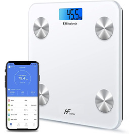 Інтелектуальна вага для тіла HomeFashion HFitness з Bluetooth, вимірювання жиру, BMI, iOS/Android, 28x28 см, білий корпус з блакитною підсвіткою