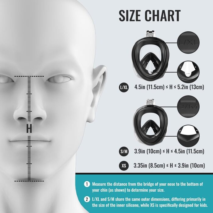 Маска для снорклінгу G2RISE® з трубкою, складна, CO2-безпечна, повна маска з кріпленням для камери, для дітей та дорослих (XS, чорно-зелена)