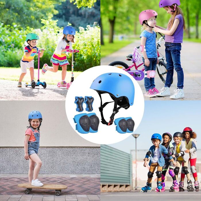 Дитячий велосипедний шолом Kinder-Fahrradhelm з набором захисту (наколінники, налокітники, рукавиці) для хлопчиків та дівчаток 3-8 років, блакитний, розмір S (48-54 см)