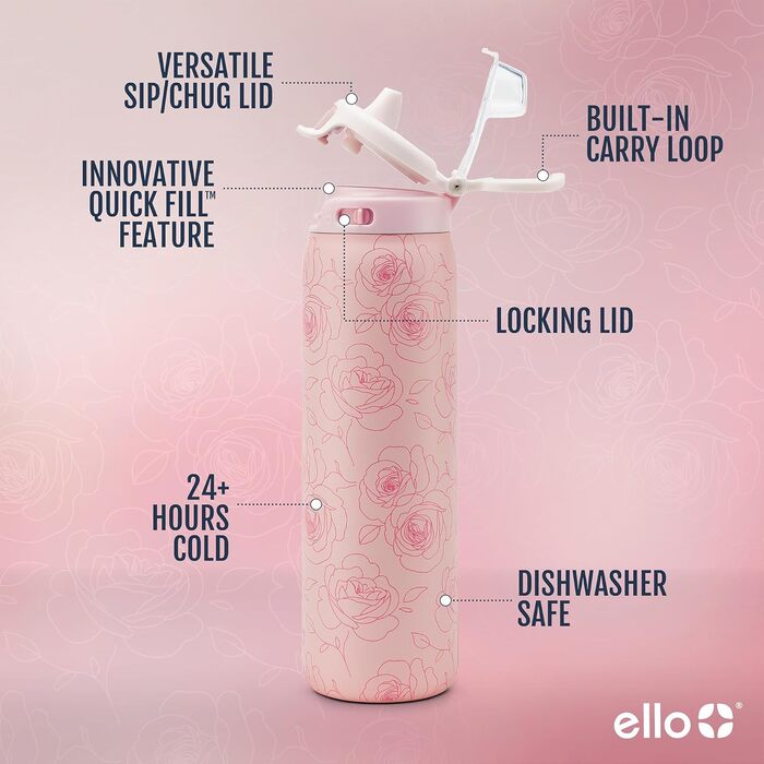 Термобутилка Ello Pop & Fill з нержавіючої сталі, швидке наповнення, подвійна вакуумна ізоляція, герметична кришка, багаторазова пляшка для води