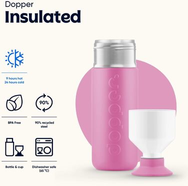 Термобутилка Dopper Insulated 580 мл Pelican Pink — подвійні стінки, герметична, з нержавіючої сталі, зберігає холод 24 год/тепло 9 год, для води, чаю, кави