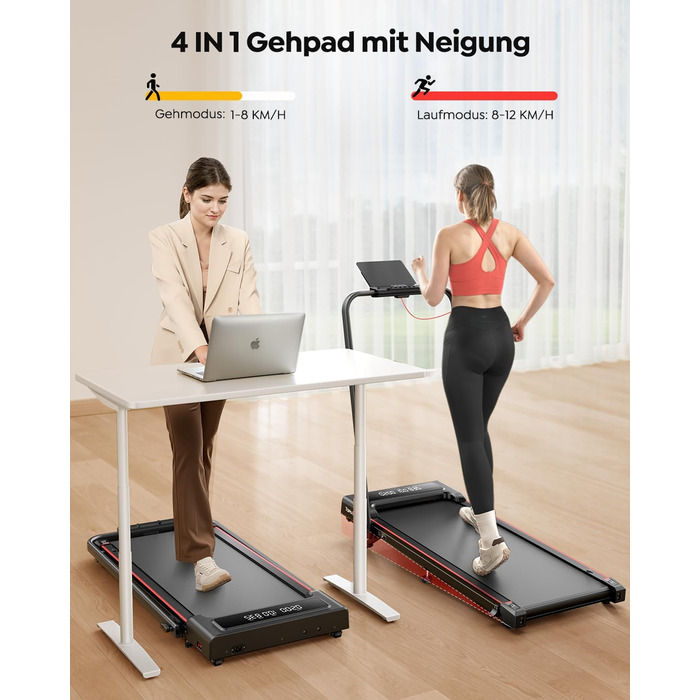 Бігова доріжка для дому з нахилом, 4-в-1 Walking Pad, 12 км/год, складана, 2.5HP, під стіл для дому та офісу, тиха робота