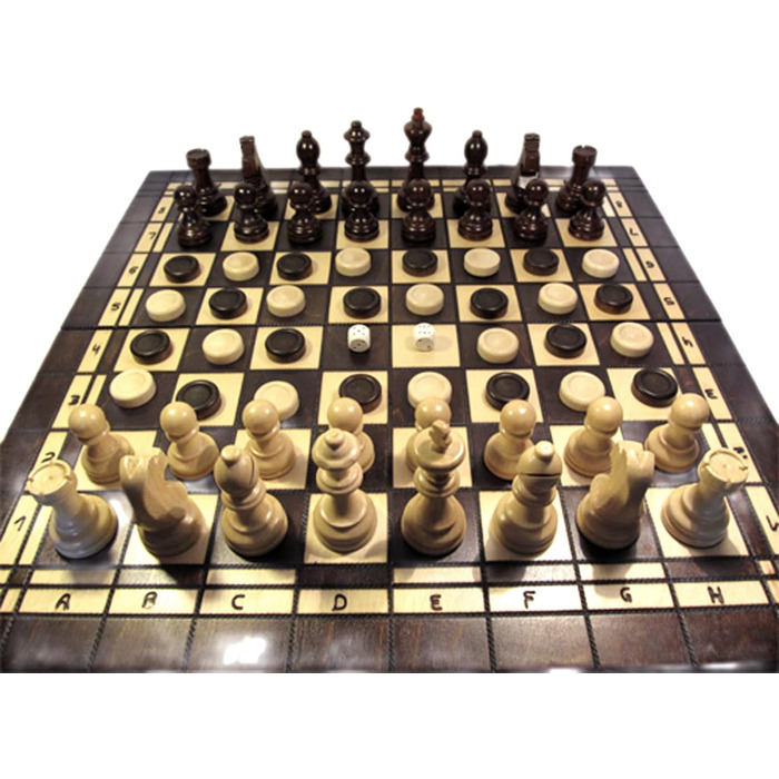 Дерев'яний ігровий набір 3-в-1 ChessEbook: шахи, шашки, нарди, 52х52 см, складаний, ручна робота