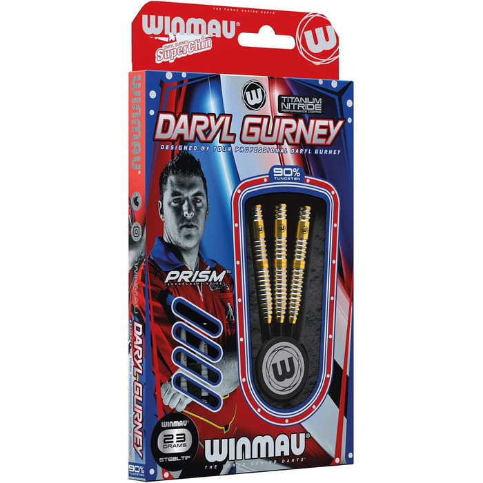 Дротики WINMAU Daryl Gurney 23 г, вольфрамові, сталевий наконечник, комплект з оперенням і держателями, професійні