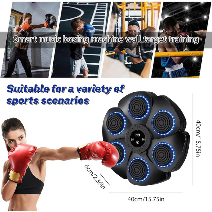 Музична бокс-машина: Smart Bluetooth боксерський тренажер з рукавичками, настінний, 9 режимів швидкості та лічильник ударів для дорослих та дітей (чорний)