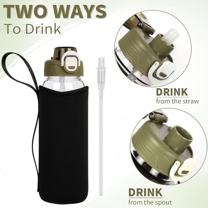 DEARRAY Скляна пляшка для води 0,6 л з трубочкою, герметична, BPA Free, у чохлі, для дітей, школи, спорту, чоловіків та жінок, зелена кришка