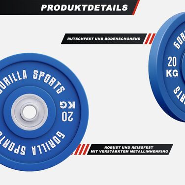 Бамперні диски GORILLA SPORTS 20 кг, 50 мм, гумові, для штанги, олімпійські вагові плити