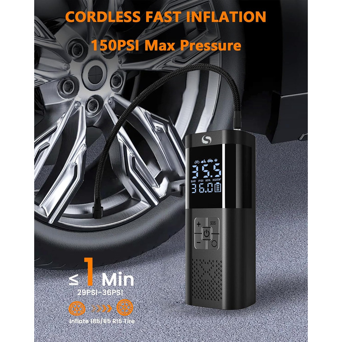 Електричний компресор SERVOMASTER 150PSI, портативний насос з манометром і LED, акумуляторний, для авто, мотоцикла, велосипеда, м'ячів