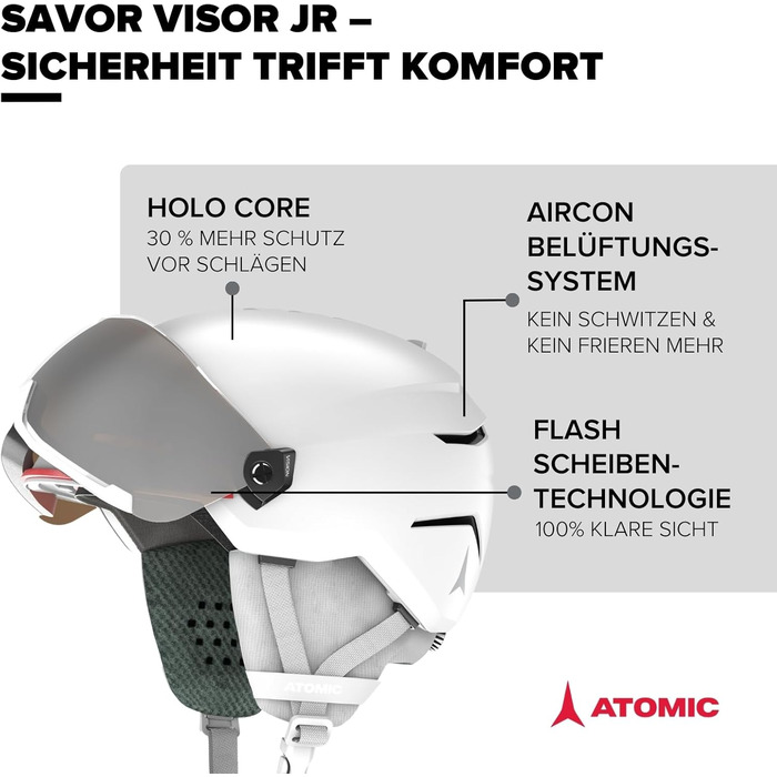 Дитячий лижний шолом ATOMIC SAVOR VISOR JR з візором, білий, максимальний захист, вентиляція Aircon, дзеркальна лінза, 51-55 см
