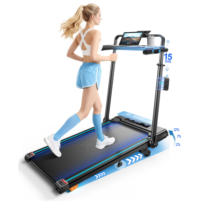 Складний біговий тренажер 6-в-1 для дому з регульованою швидкістю до 12 км/год, нахилом до 12% та столом, RGB-підсвічуванням, телескопічним підйомником 15 см, максимальне навантаження 150 кг, чорно-синій