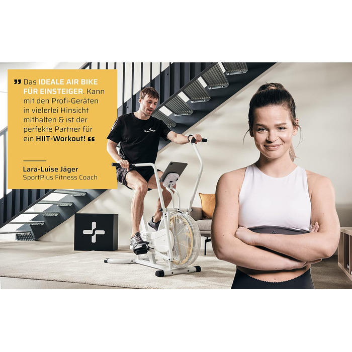 Фітнес-велотренажер SportPlus Air Bike з повітряним опором, сумісний з додатком, для HIIT, домашній кардіотренажер, LED-дисплей, до 100 кг, Snow/Sun (нова модель)