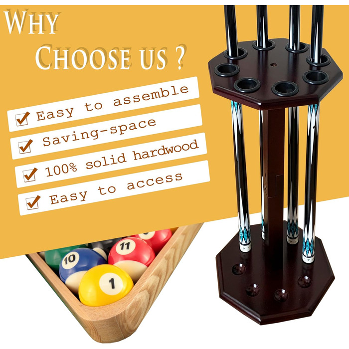 Стійка для більярдних київ на 8 київ, аксесуар для більярдного столу, дерев'яна підставка, підставка для київ, більярдний аксесуар (FLOOR-8-MAHOGANY)
