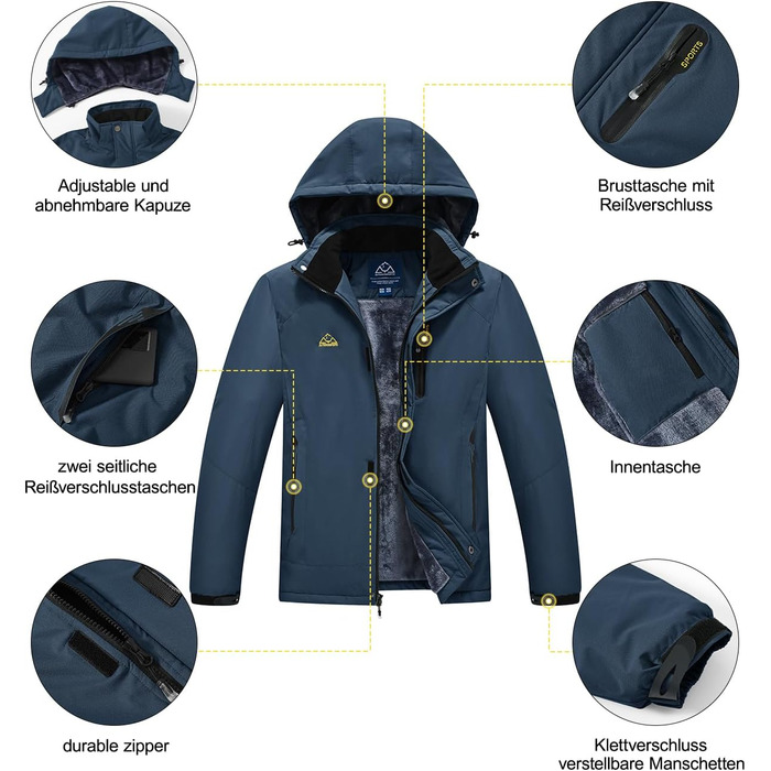 Чоловіча зимова куртка YSENTO: водонепроникна, тепла, з флісовою підкладкою, софтшелл, дихаюча, для катання на лижах та сноуборді з капюшоном (L, Джинсовий синій)
