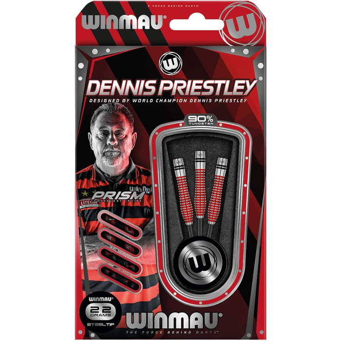 Дартс WINMAU Dennis Priestley, 22 г, професійний, вольфрамовий, сталевий наконечник, комплект з оперенням і шафтами