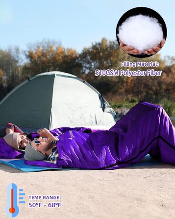 Спальний мішок Sportneer для дорослих та дітей - легкий, компактний, для кемпінгу, походу, рюкзака, 220x75 см, фіолетовий
