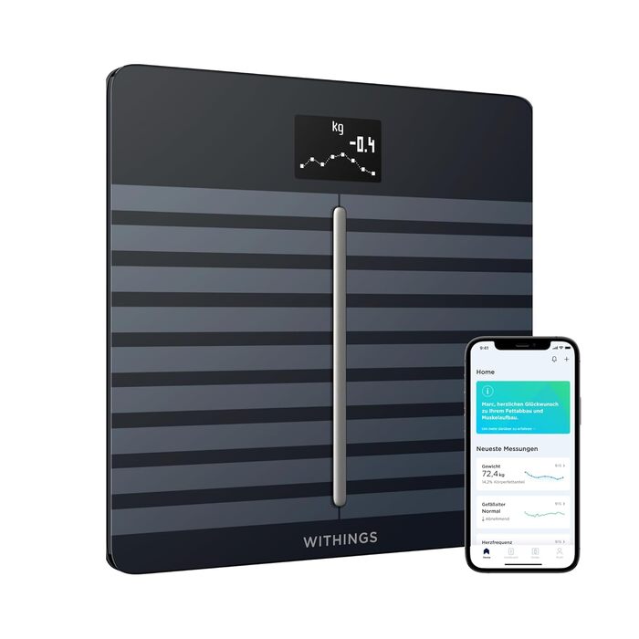 Розумні ваги Withings Body Cardio Wi-Fi, чорні – аналіз складу тіла, серцевий ритм, судинний вік, ІМТ, м'язова маса, жир, вода