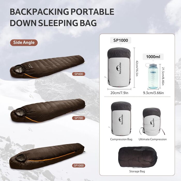 Спальний мішок Naturehike Snowbird Entendaunen, 1000G, темно-коричневий, для дорослих, унісекс
