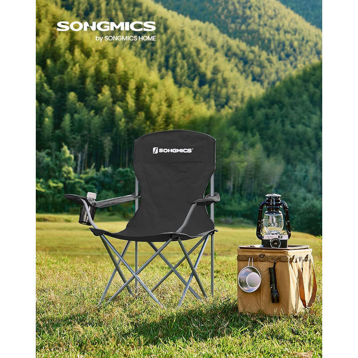 SONGMICS 2 шт. Складний стілець для кемпінгу, стілець для відпочинку, міцна конструкція, до 150 кг, з тримачем для напоїв, чорний