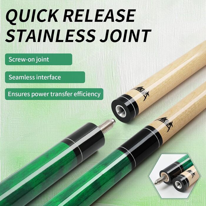 AKLOT Більярдний кий 58' (1.73 м) з канадського клена, 510-600г, з шкіряним наконечником 13 мм, 3D-поїлком та прецизійним з'єднанням, для гравців (зелений, 510г)