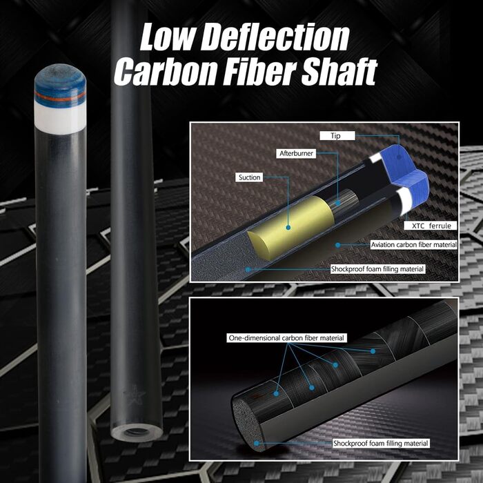CRICAL Більярдний кий з карбону, 147.3 см, професійний, з'єднання 3/8 x 8, наконечник 12.5 мм, CL-01