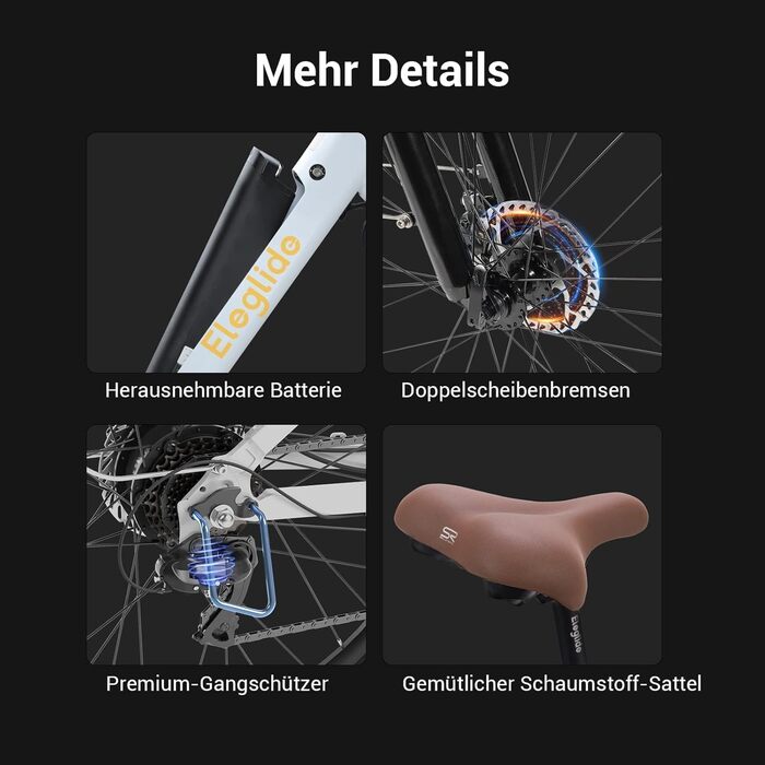 Електровелосипед Eleglide T1 Step-Thru 27.5'' для міста та трекінгу, 250Вт, акумулятор 36В 13Аг, запас ходу до 100 км, LCD дисплей, білий, EU стандарт
