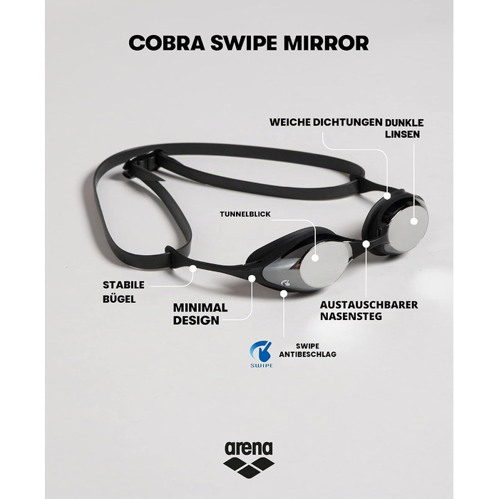 Окуляри для плавання Arena Cobra Original Swipe Mirror (NS AQUA-BLACK) - дзеркальні, антифог, UV-захист, 4 носики
