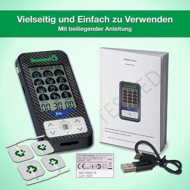 TESMED Trio 6.5: Електричний м'язовий стимулятор з USB-зарядкою - 36 програм, 40 рівнів інтенсивності, 4 електроди - EMS, TENS та масаж для фітнесу та зняття болю