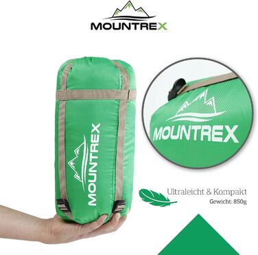 Сплячий мішок MOUNTREX® – ультралегкий та компактний (850г) – для відпочинку на природі, літній спальний мішок, мумієподібний (205x75 см) – малий об'єм при згортанні, легкий – для підлітків та дорослих + подарунок: надувне зелене подушечка для подорожей