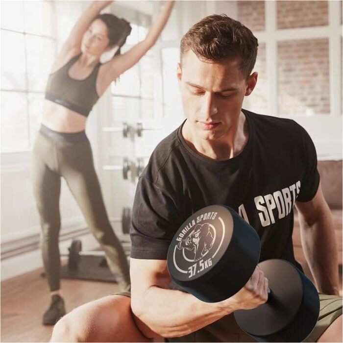 Гантеля GORILLA SPORTS 37,5 кг, кругла, гумова, гантель із чавунним сердечником, нековзка рукоятка, чорна, для фітнесу та тренувань