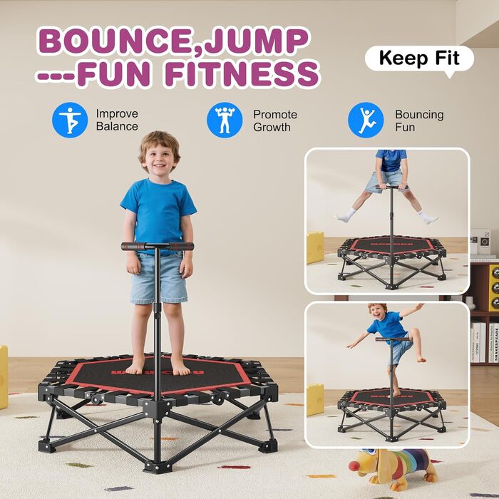 MOMODA Складний батут для фітнесу в приміщенні з ручкою, діаметр 106 см, червоний, для дітей та дорослих