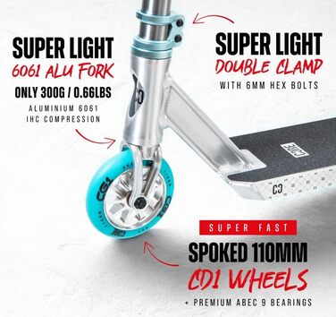 Трюковий самокат CORE Stunt-Scooter 110мм, ABEC 9, для дітей та дорослих (від 5 років), регульована висота 78-96см, сріблясто-бірюзовий + стікер Fantic26